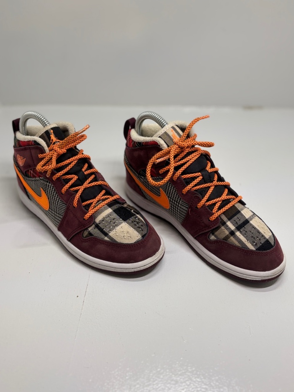 Nike Air Jordan 1 Mid GS Plaid Orange FD5461-608 Youth 3Y Burgundy Wool Sneaker - Picture 3 of 13